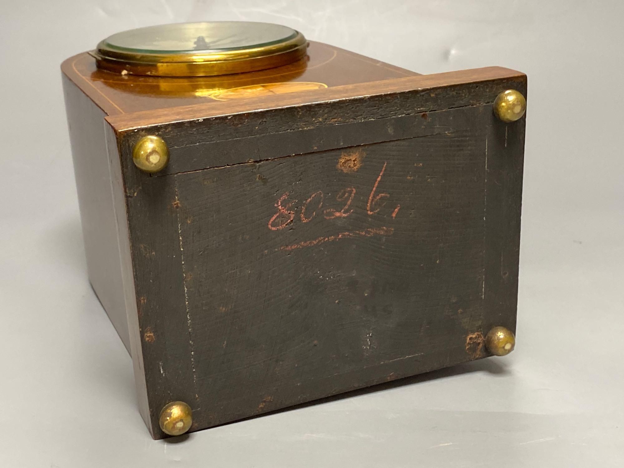 An Edwardian inlaid mahogany eight day mantel clock, with spring drive timepiece movement, 26cm